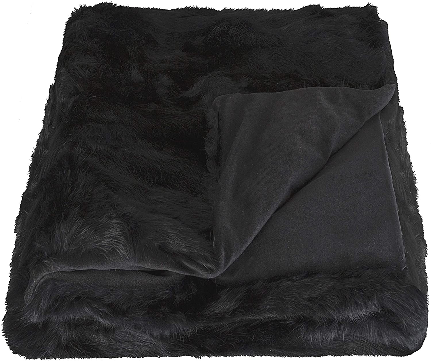Natural Thick and Lush Pile Soft Microsuede Backing Genuine Rabbit Fur Throw Blanket, Black, 50 in x 60 in