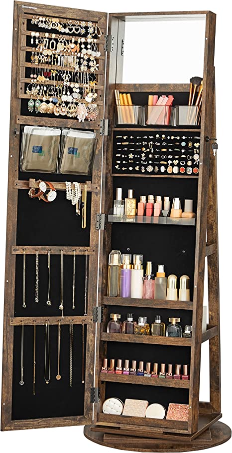 360° Swivel Jewelry Cabinet, Lockable Jewelry Organizer with Full-Length Mirror, Rear Storage Shelves, Built-in Small Mirror, Jewelry Armoire, Rustic Brown