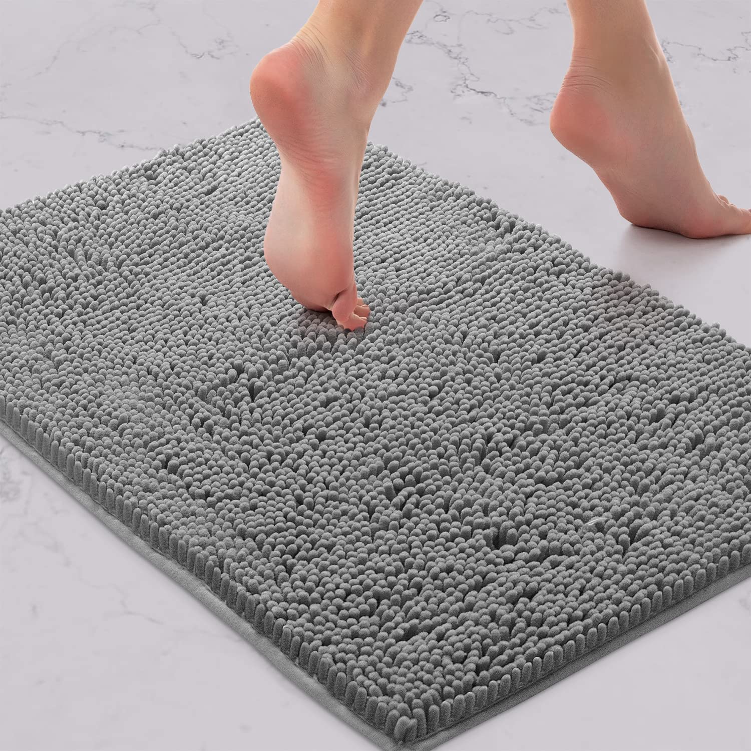 Bath Mat by LuxUrux Extra-Soft Plush Non-Slip Bath Mat, Luxury Chenille Microfiber Material, Super Absorbent Shaggy Bath Rug. Machine Wash & Dry (15 x 23, Light Grey), set of 2