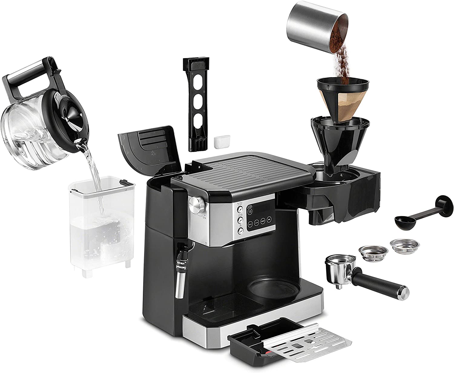 De'Longhi All-in-One Combination Coffee Maker & Espresso Machine + Advanced Adjustable Milk Frother for Cappuccino & Latte + Glass Coffee Pot 10-Cup