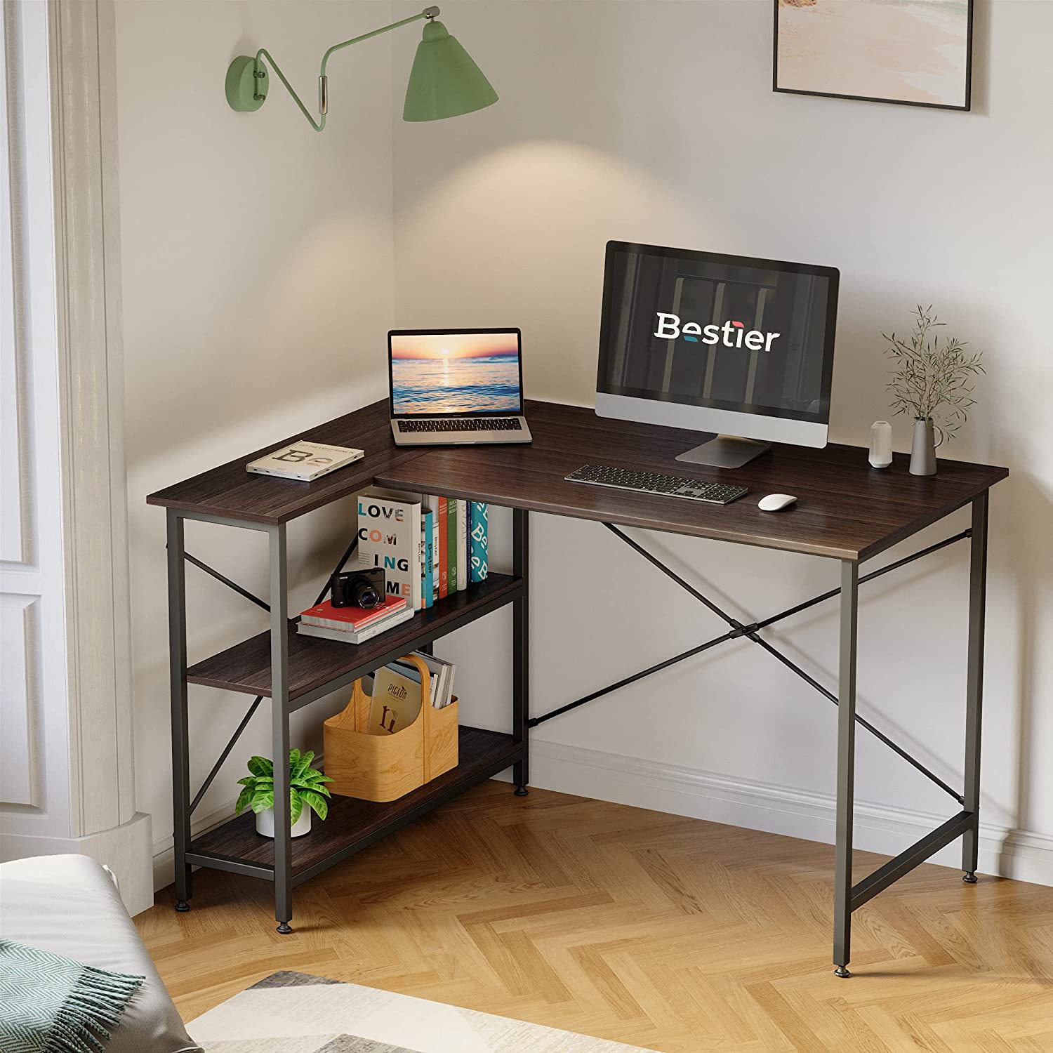 Bestier Small L Shaped Desk with Shelves 47 Inch Reversible Corner Computer Desk Writing Gaming Storage Table for Home Office Small Space, Brown