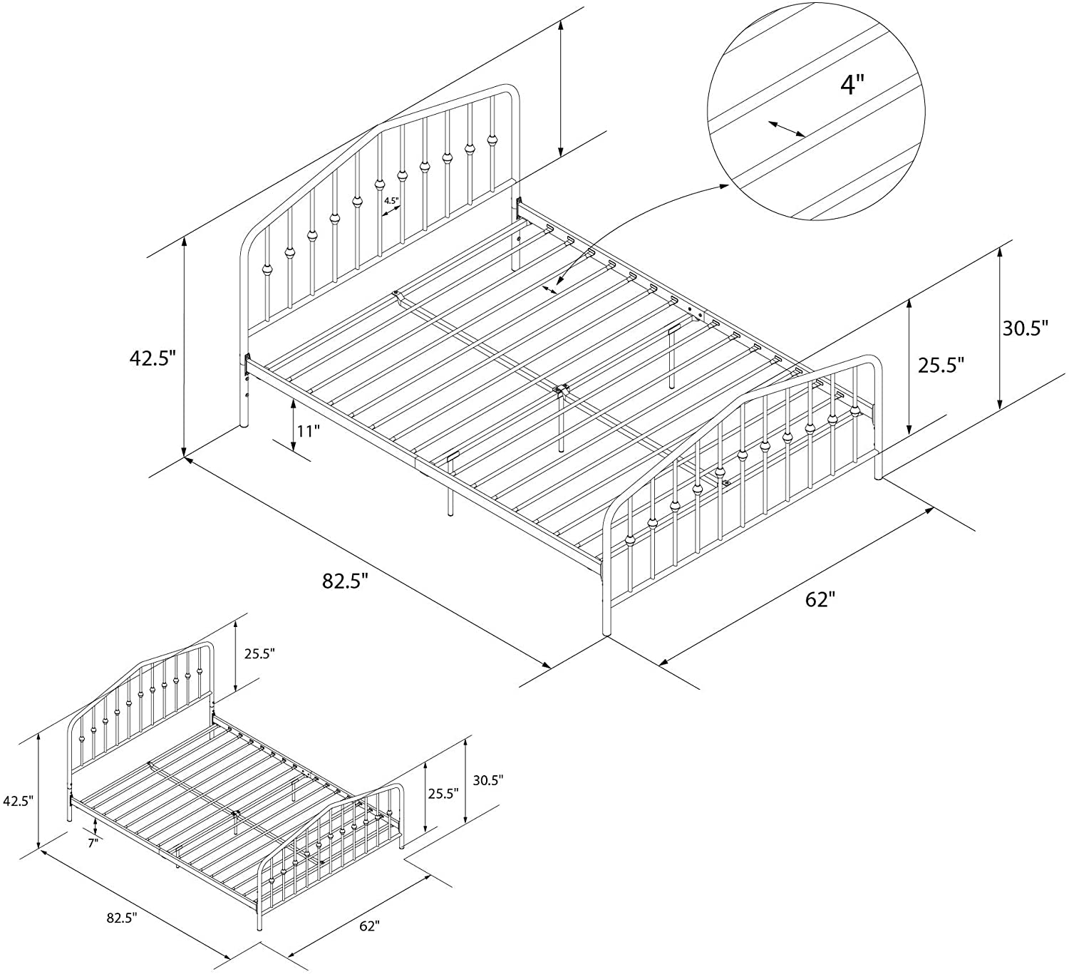 Novogratz Bushwick Metal Bed with Headboard and Footboard | Modern Design | Queen Size - Black