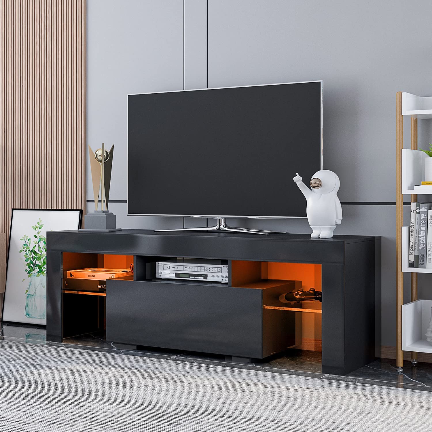 DMAITH TV Stand with LED Lights, Modern Gloss Entertainment Center Media and Open Shelves Console Table Storage Desk with 1 Drawer for Up to 60 Inch TV, Black
