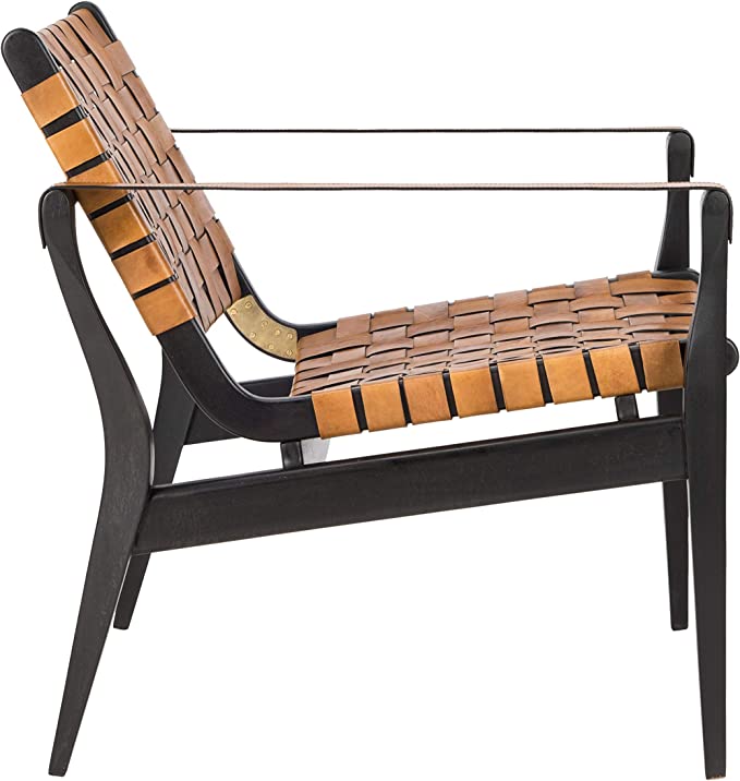Black/Brown Couture Home Dilan Brown Leather Weave and Black Safari Accent Chair