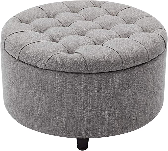 28-Inch Button Tufted Round Storage Ottoman with Lift Off Lid, Gray