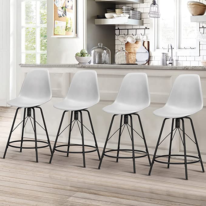 Bar Stools Set of 4 Swivel Bar Stool Counter Height Stools Barstools with Plastic Backs & Metal Base (Swivel 30 inch, White)