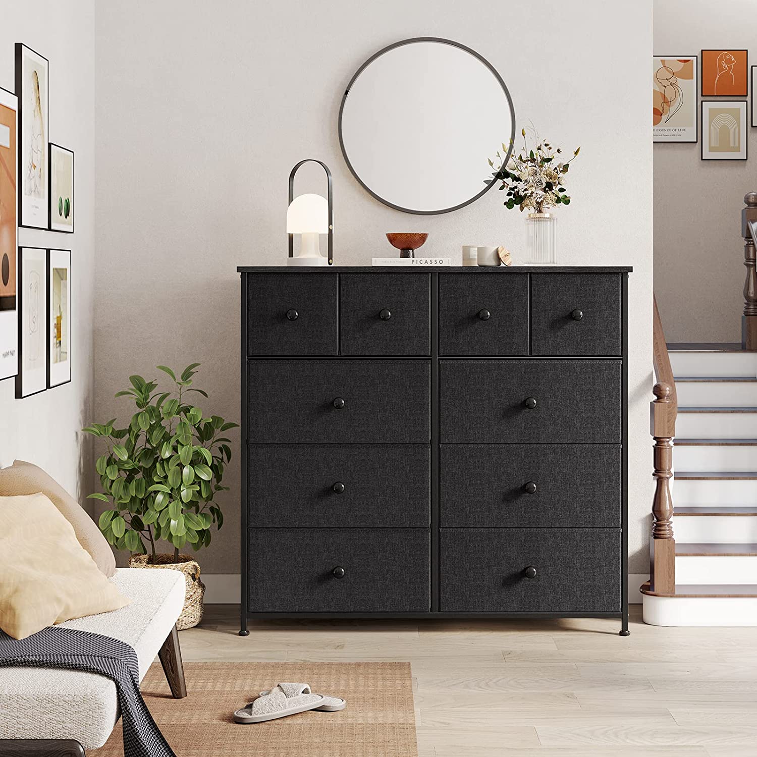 10 Drawer Dresser for Bedroom Fabric Storage Tower Wide Black Dresser with Wood Top Sturdy Steel Frame Storage Organizer Unit for Living Room Hallway Entryway Closets Nursery (Black Grey)