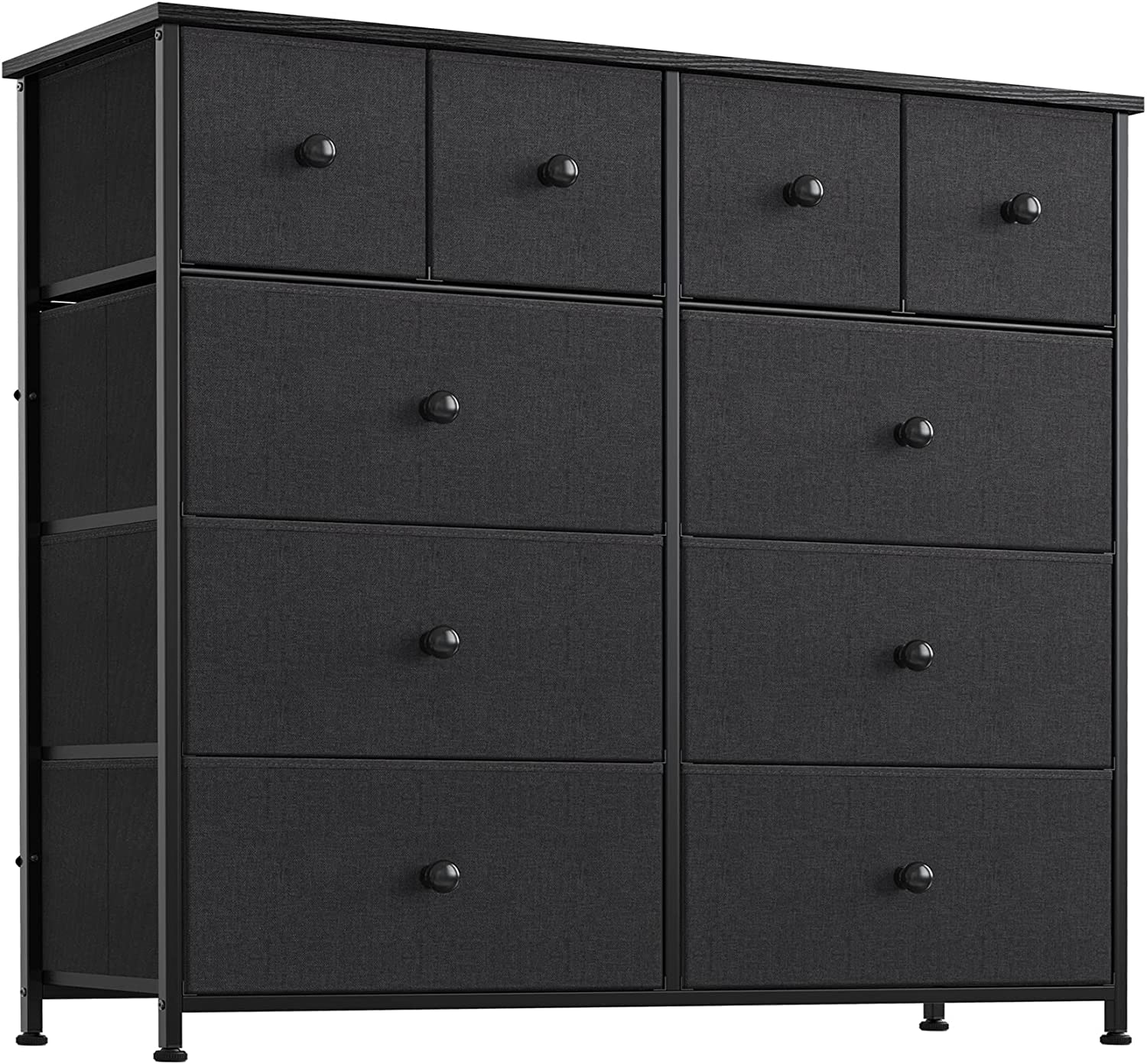 10 Drawer Dresser for Bedroom Fabric Storage Tower Wide Black Dresser with Wood Top Sturdy Steel Frame Storage Organizer Unit for Living Room Hallway Entryway Closets Nursery (Black Grey)