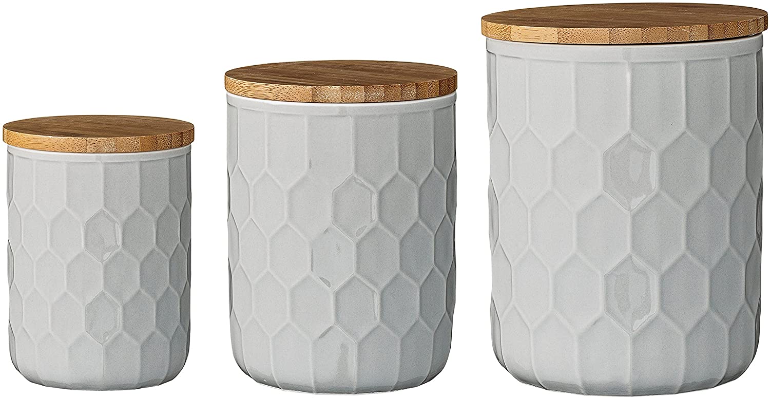 Bloomingville Set of 3 White Stoneware Canisters with Bamboo Lids SS378