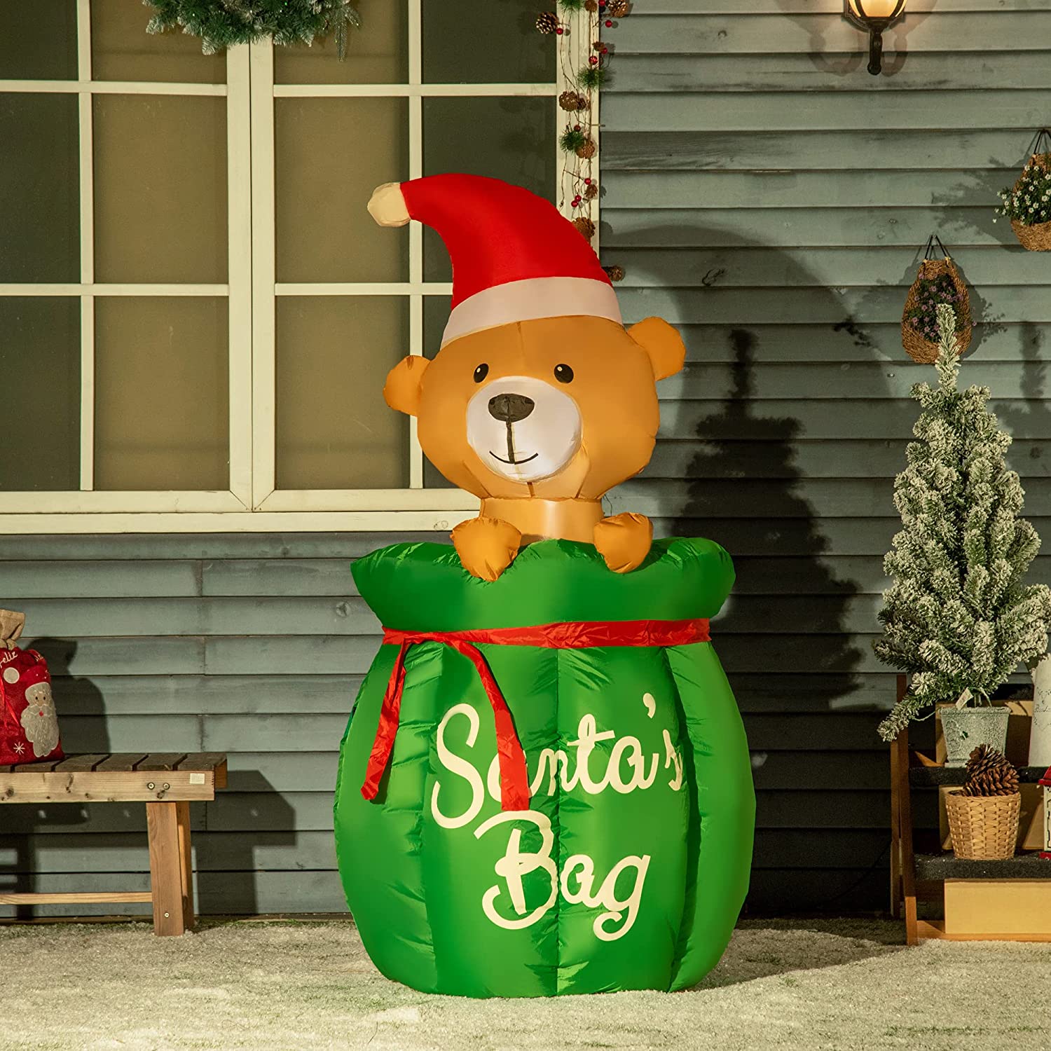 4.5 ft. Christmas Inflatable Bear in Santa Claus Toy Bag, Outdoor Blow-Up Holiday Yard Decoration with LED Lights Display