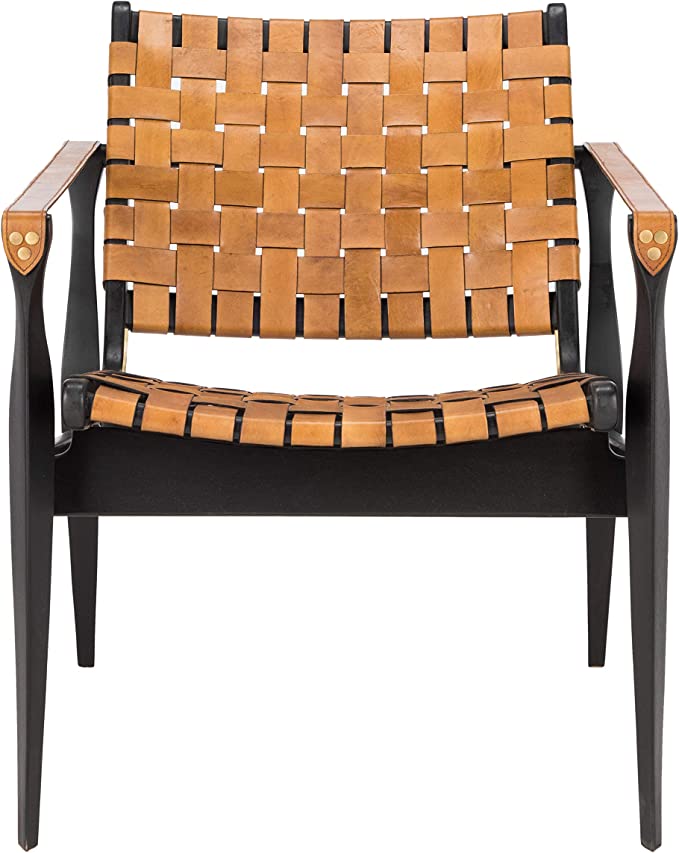 Black/Brown Couture Home Dilan Brown Leather Weave and Black Safari Accent Chair