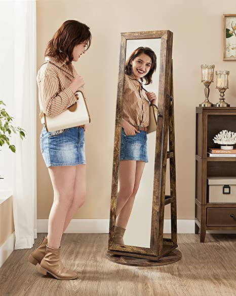 360° Swivel Jewelry Cabinet, Lockable Jewelry Organizer with Full-Length Mirror, Rear Storage Shelves, Built-in Small Mirror, Jewelry Armoire, Rustic Brown