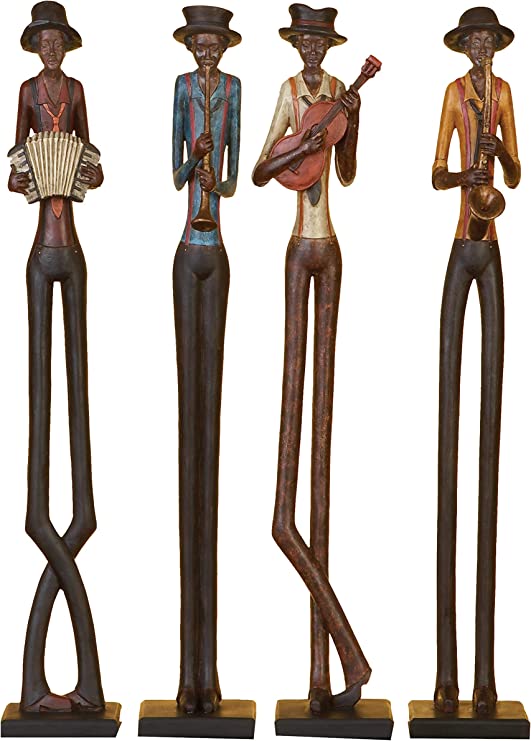 Polystone Musician Tall Long Legged Jazz Band Sculpture with Black Base Stand, 4"W, 24"H, Brown (Set of 4)