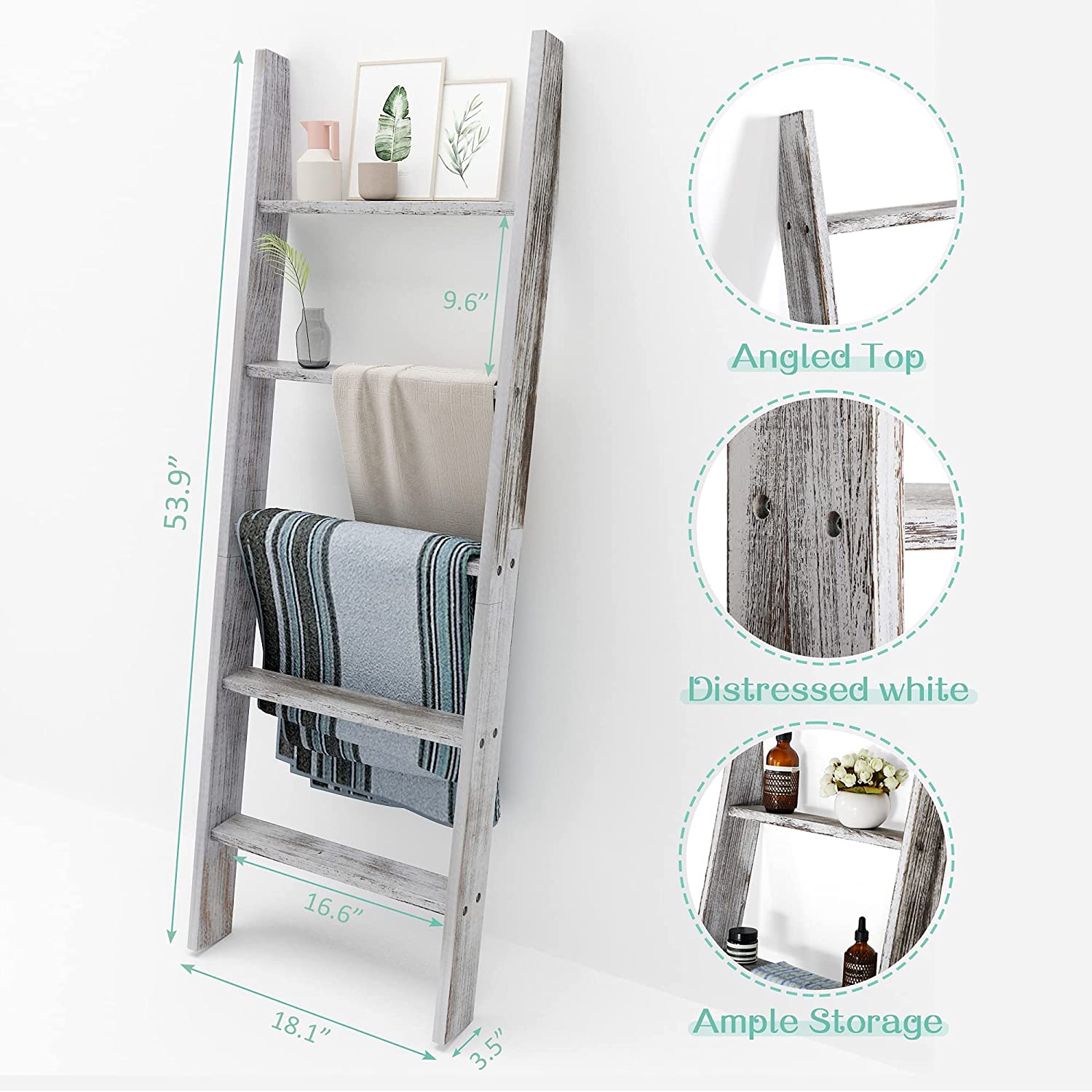 4.5 FT Rustic Wood Wall-Leaning Farmhouse Ladder Blanket and Towel Holder, Decorative Ladder Shelf for Throw Blankets, Quilts-Perfect for Living Area, Distressed White