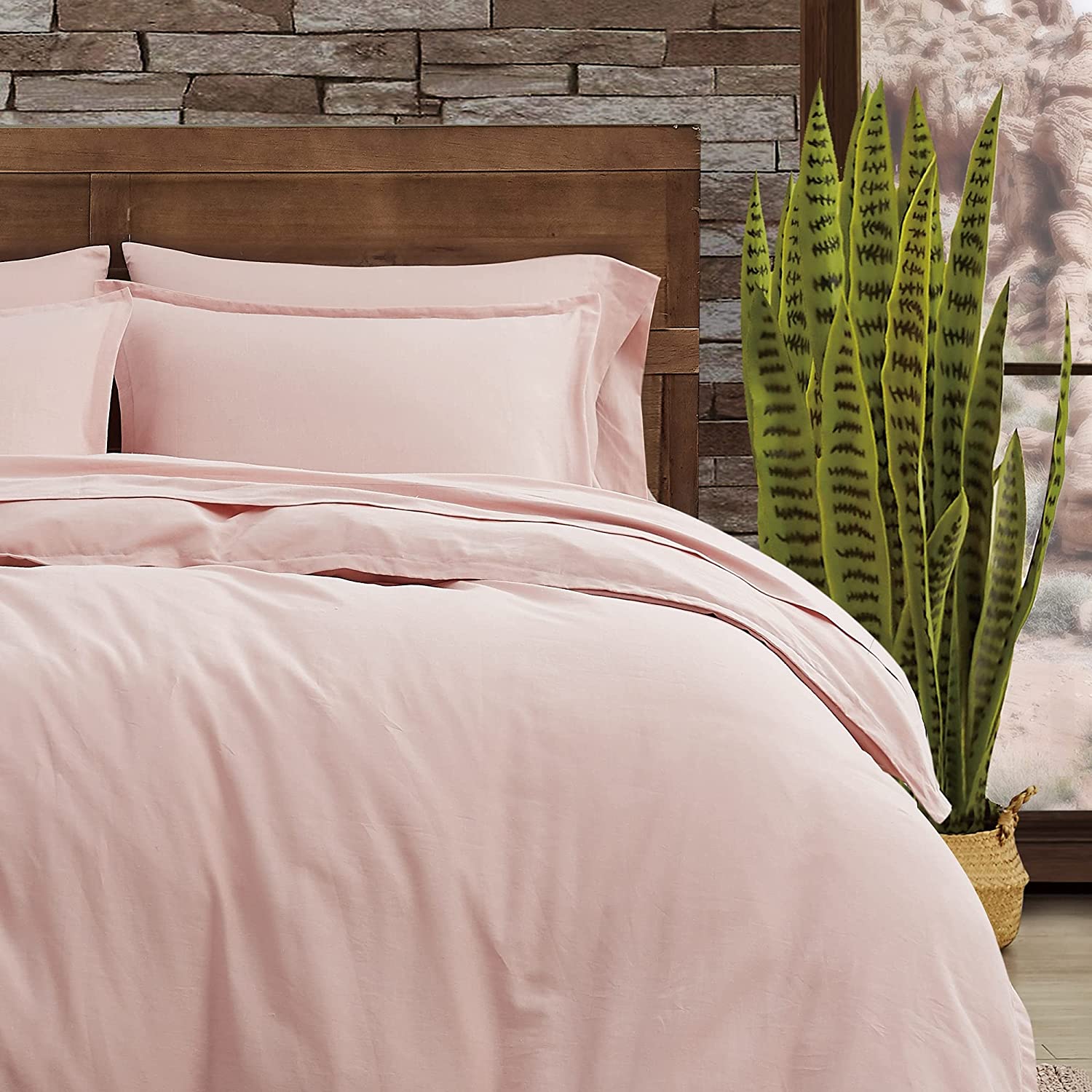 3 Piece Queen Duvet and Sham Set Quick Drying, Breathable Cotton Linen Blend Blush