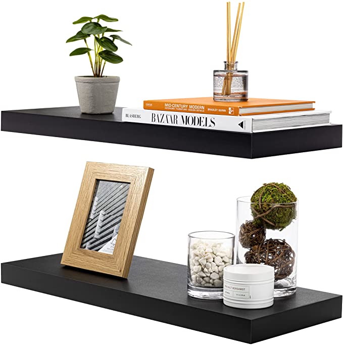Floating Shelf Large 24 x 9 - Hanging Wall Shelves Decoration — Perfect Trophy Display, Photo Frames — Extra Long 24 Inch (Black) (Set of 2)
