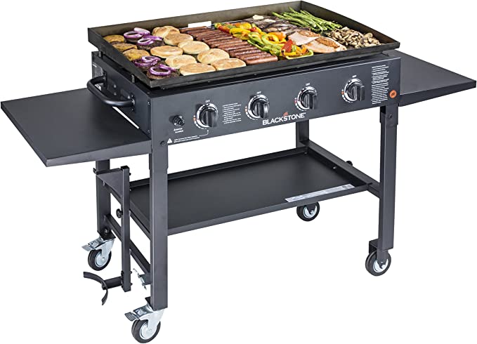Cooking 4 Burner Flat Top Gas Grill Propane Fuelled Restaurant Grade Professional 36” Outdoor Griddle Station with Side Shelf, 36 Inch, Black
