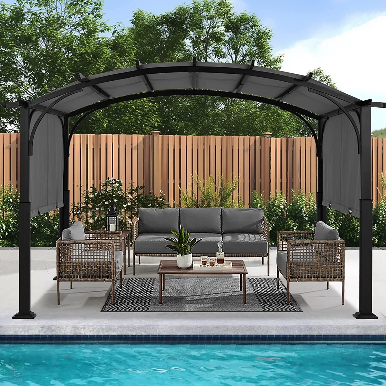 ABCCANOPY Outdoor Pergola 10'x12', Arched Patio Gazebo with Retractable Sun Shade, Dark Gray