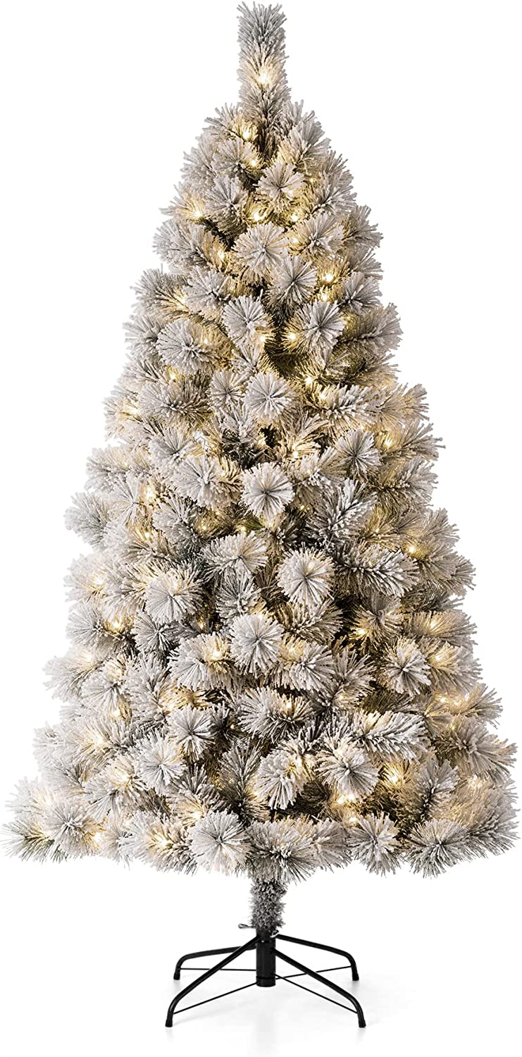 6ft Pre-Lit Flocked Pencil Pine Artificial Christmas Tree with 300 Warm White Lights, Green