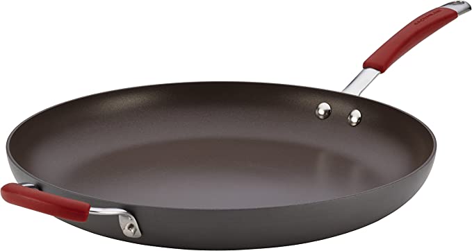 Cucina Hard Anodized Nonstick Skillet with Helper Handle, 14 Inch Frying Pan, Gray/Red