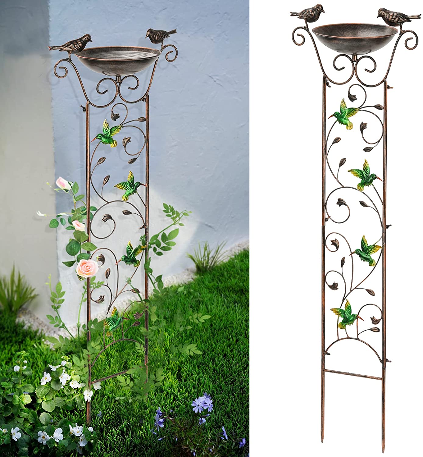 Bird Bath with Trellis Outdoor, Antique Garden Iron Plant Trellis with Decorative Hummingbirds Detachable Bird Bath Bowl Metal Potted Plant Support for Climbing Flowers