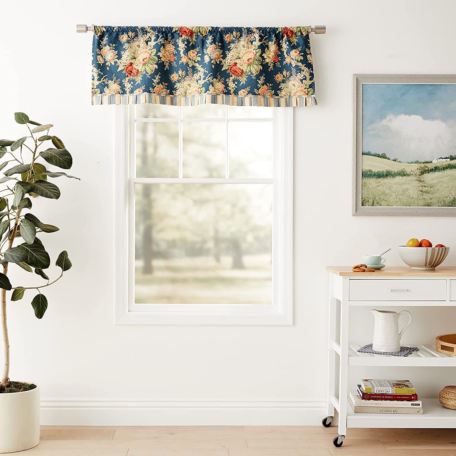 Waverly Sanctuary Rose Ascot Layered Valance Rod Pocket Window Curtains for Kitchen or Bathroom, 52" x 16", Heritage Blue