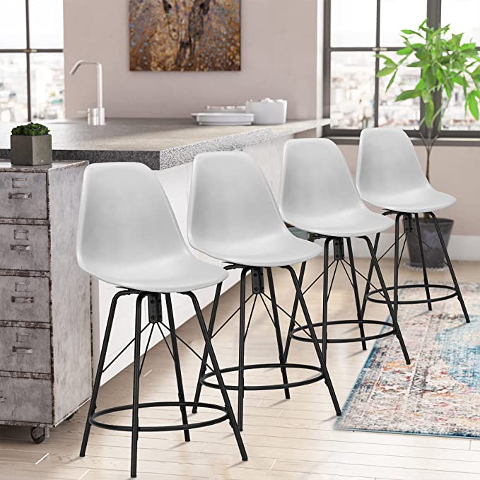 Bar Stools Set of 4 Swivel Bar Stool Counter Height Stools Barstools with Plastic Backs & Metal Base (Swivel 30 inch, White)