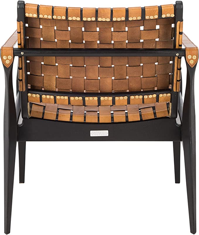 Black/Brown Couture Home Dilan Brown Leather Weave and Black Safari Accent Chair