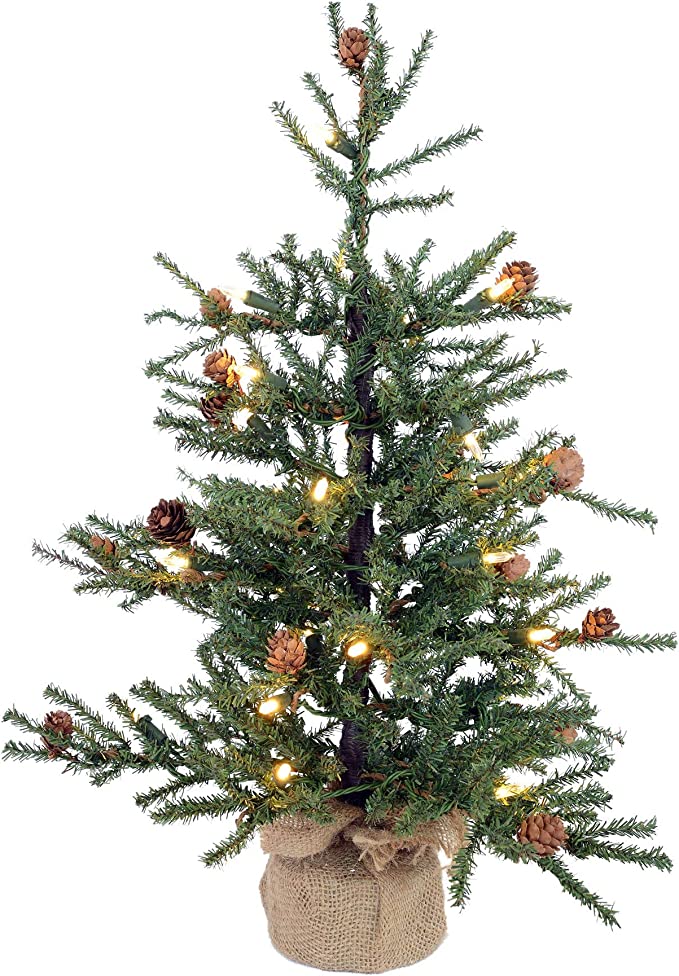 24" Caramel Pine Artificial Christmas Tree, Clear Dura-lit Lights, Seasonal Indoor Home Decor with Decorative Burlap Base