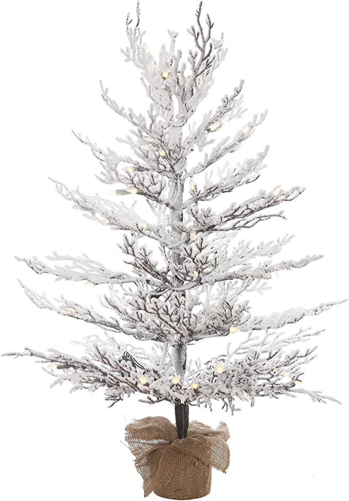 4' x 30" Flocked Winter Twig Pine ArtificialChristmas Tree, Warm White LED Lights - Snow Covered Faux Tree - Seasonal Potted Indoor Home Decor
