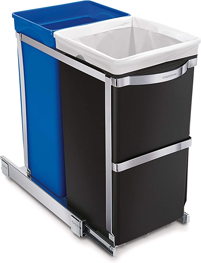 35 Liter / 9.3 Gallon Dual Compartment Under Counter Kitchen Cabinet Pull-Out Recycling Bin and Trash Can