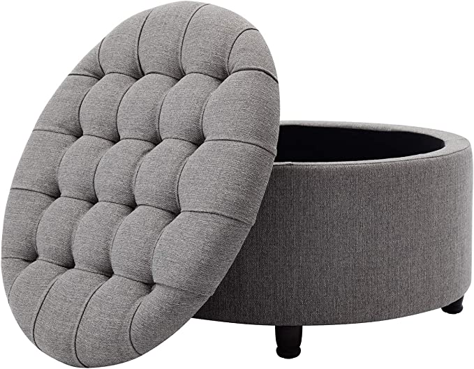 28-Inch Button Tufted Round Storage Ottoman with Lift Off Lid, Gray
