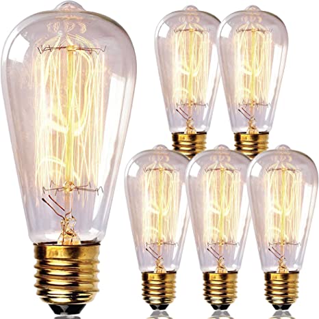 Vintage Light Bulb 6-Pack Edison Bulbs-ST64 Incandescent Style 60 Watts-Dimmable, Medium (E26) Standard Base E27-Squirrel Cage, 6-Pack, 2.7