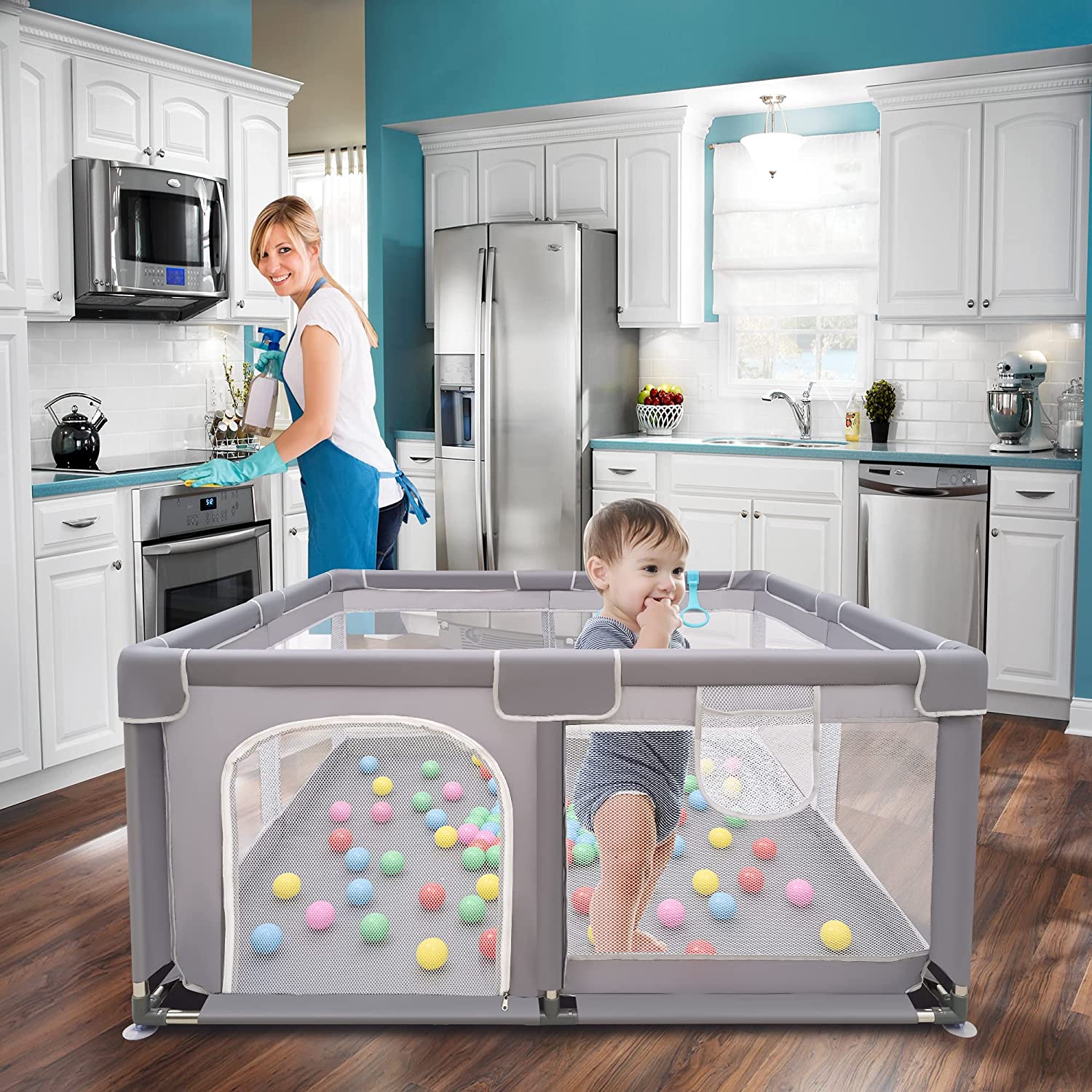 Baby Playpen , Baby Playard, Playpen for Babies with Gate ,LIAMST Indoor & Outdoor Playard for Kids Activity Center，LIAMST Sturdy Safety Play Yard with Soft Breathable Mesh