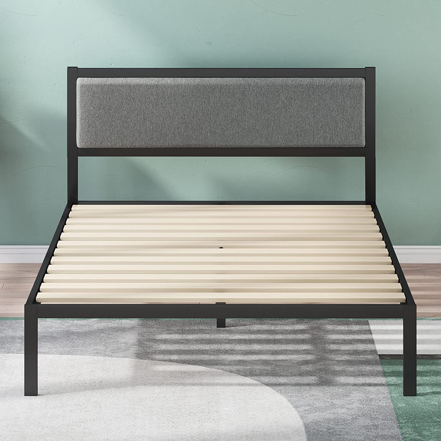 14 '' Zinus Metal Bed Frame Platform with Upholstered Headboard / Base Mattress / Support with Wood Slat, Steel, Black KB440