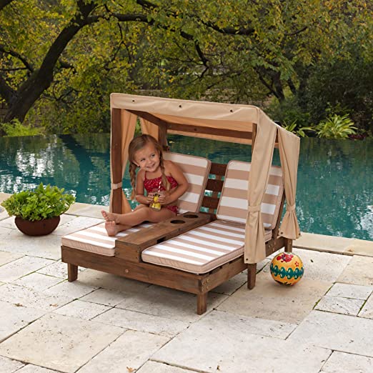 Wooden Outdoor Double Chaise Lounge with Cup Holders, Patio Furniture for Kids or Pets, Espresso with Oatmeal and White Striped Fabric