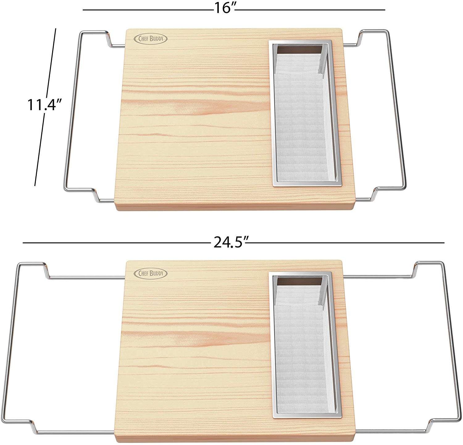 Wire Strainer Chopping Board- 2-in-1 Adjustable Over Sink Wooden Chopping Board with Stainless Steel Strainer by Chef Buddy DR6006