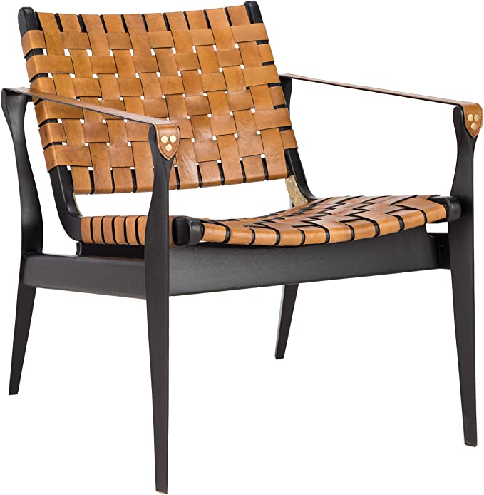 Black/Brown Couture Home Dilan Brown Leather Weave and Black Safari Accent Chair