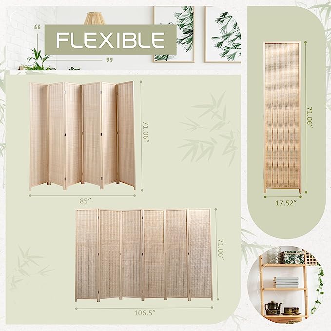 6 Panel Bamboo Room Dividers, Folding Room Divider Privacy Screens, Room Separating Wall Dividers, Natural Room Partition, Freestanding