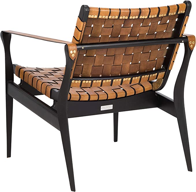 Black/Brown Couture Home Dilan Brown Leather Weave and Black Safari Accent Chair
