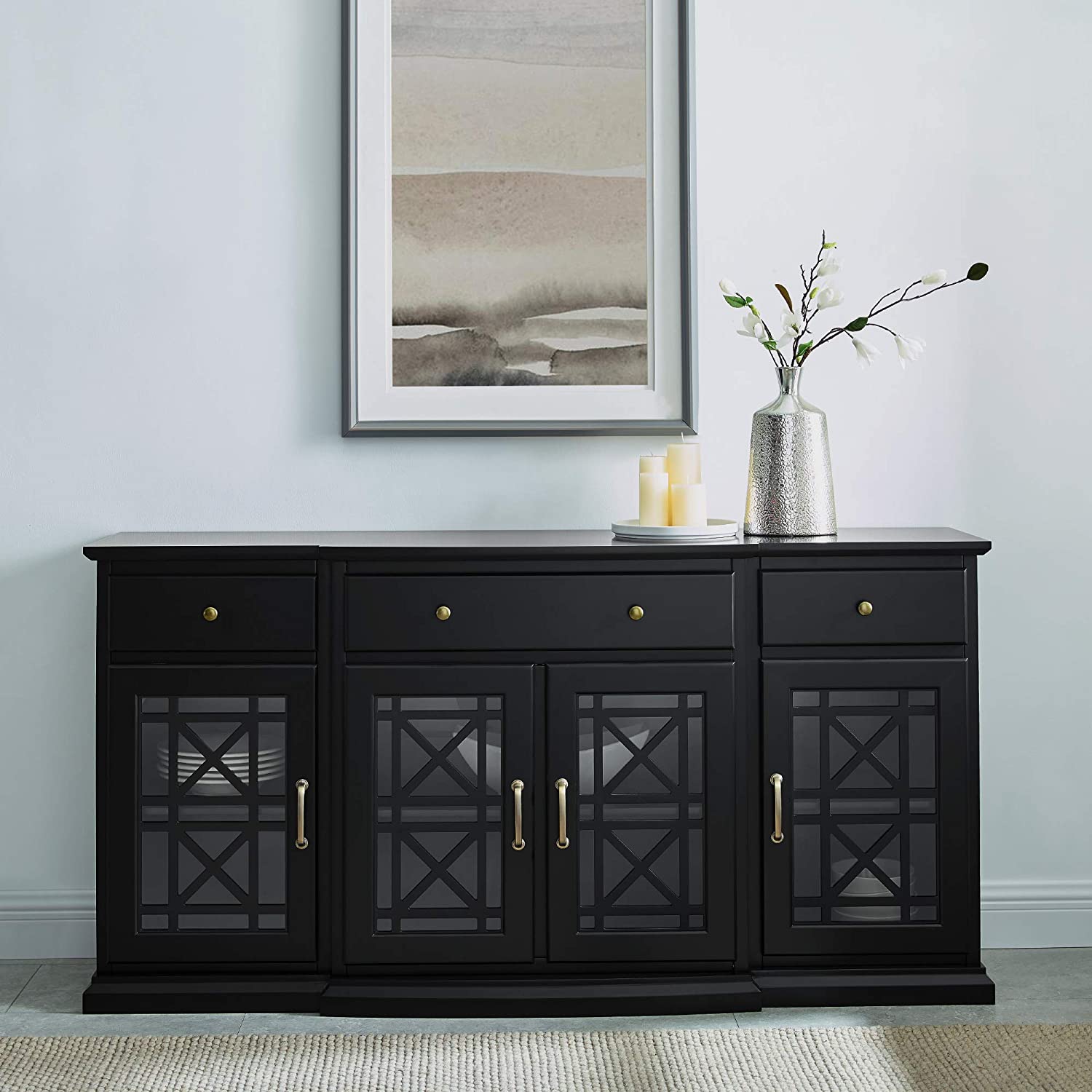 Modern Wood Glass-Buffet-Sideboard Living Entryway Serving Storage Cabinet Doors-Dining Room Console, 60 Inch, Black