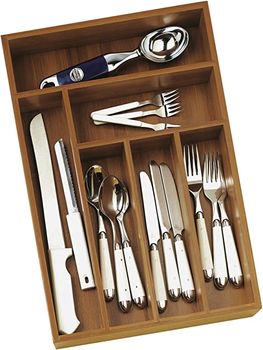 8878 Bamboo Wood Deep Flatware Organizer with 6 Compartments, 12" x 17-1/2" x 2-1/2"