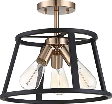 3 Light Semi-Flush Mount Fixture, Copper Brushed Brass Finish with Matte Black Frame