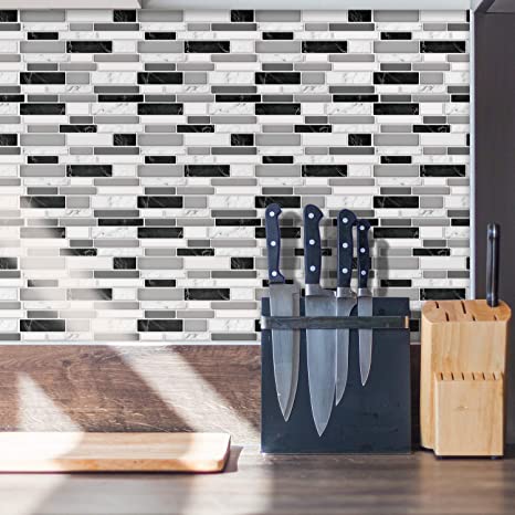 12 Sheets 12" x 6" Subway Tiles Peel and Stick Kitchen Backsplash 3D Wall Panel Stick on Backsplash Light and Dark Marble