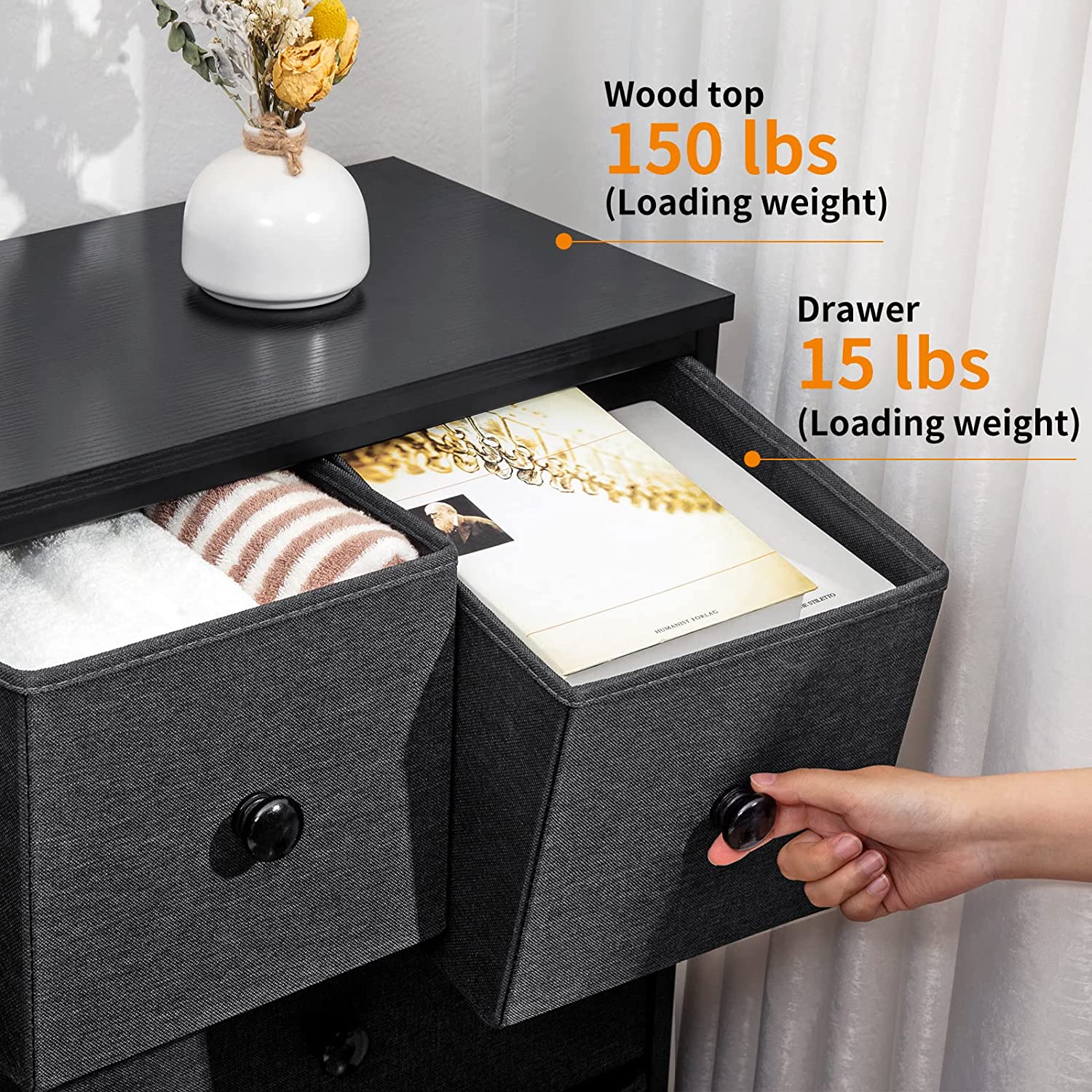 10 Drawer Dresser for Bedroom Fabric Storage Tower Wide Black Dresser with Wood Top Sturdy Steel Frame Storage Organizer Unit for Living Room Hallway Entryway Closets Nursery (Black Grey)