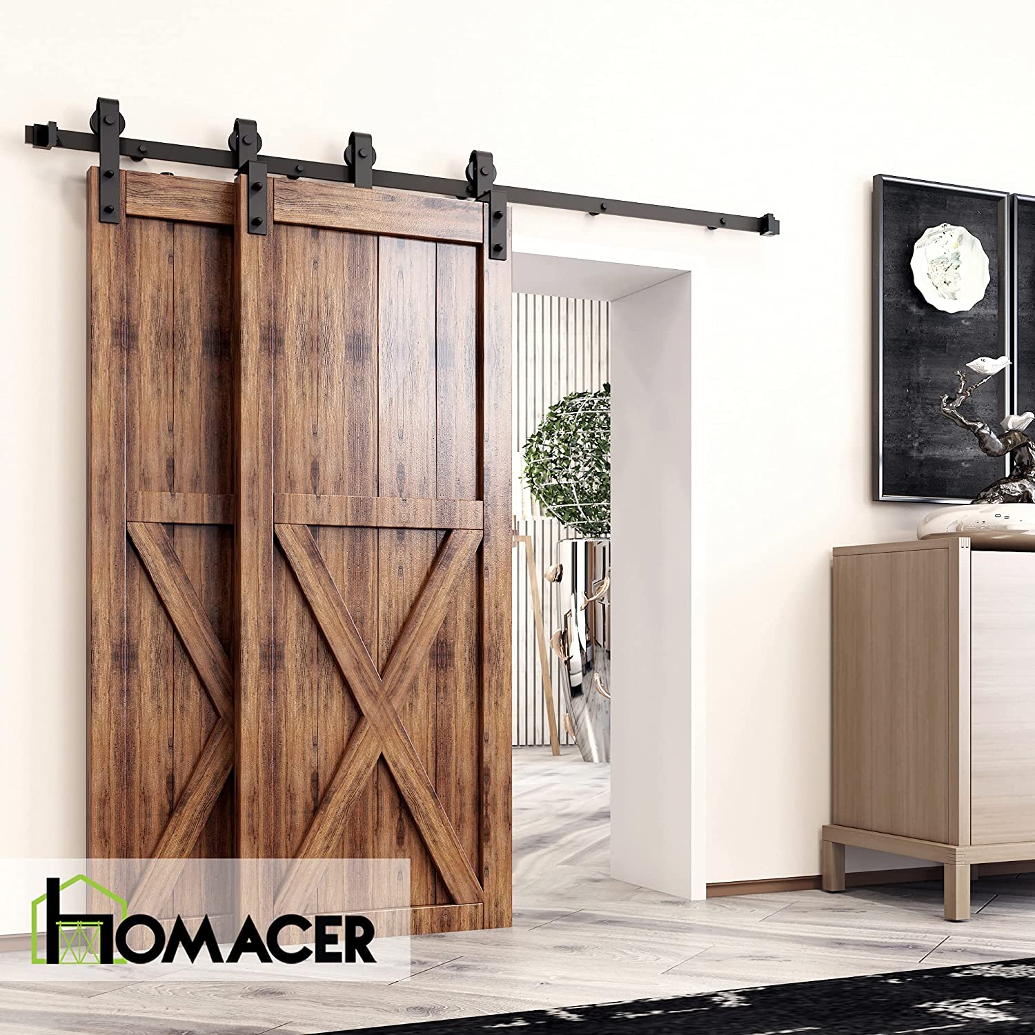 Black Rustic Track Bypass Sliding Barn Door Hardware Kit, for Two/Double Doors, 8ft Long Flat Track, Classic Design Roller, (Set of 2)