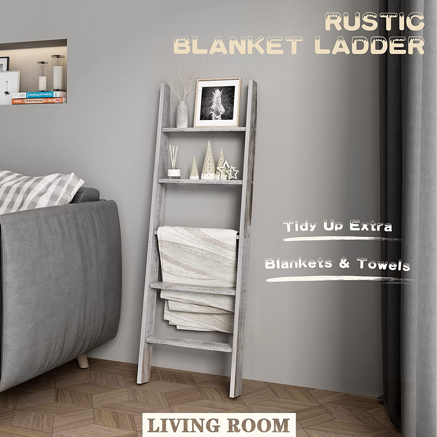 4.5 FT Rustic Wood Wall-Leaning Farmhouse Ladder Blanket and Towel Holder, Decorative Ladder Shelf for Throw Blankets, Quilts-Perfect for Living Area, Distressed White
