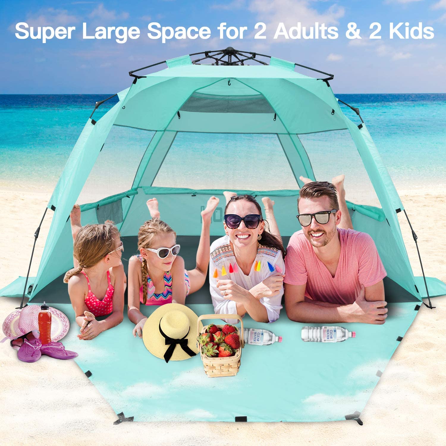 KO-ON XXL Beach Tent Sun Shelter Pop Up , Easy Setup Beach Shade for 4 Person with UPF 50+ Protection, Extra Shade on One Side, Extended Floor & 3 Ventilation Windows (Purist Blue), DRug320-B2-S1