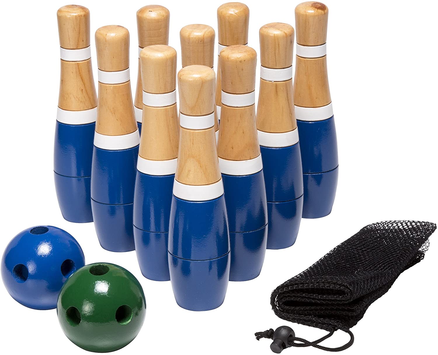 Backyard Lawn Bowling Game – Indoor and Outdoor Family Fun for Kids and Adults – 10 Wooden Pins, 2 Balls, and Mesh Carrying Bag by Hey! Play! (8-Inch) TTR587