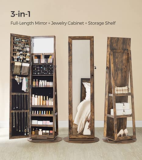 360° Swivel Jewelry Cabinet, Lockable Jewelry Organizer with Full-Length Mirror, Rear Storage Shelves, Built-in Small Mirror, Jewelry Armoire, Rustic Brown